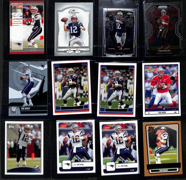 Lot of (76) Tom Brady Cards w. Many Early Career Inc. 2005 Bowman, 2004 Donruss Classics, 2014 Topps Mini Chrome, 2020 Prizm, 2006 Elite, (2) 2006 Topps, +