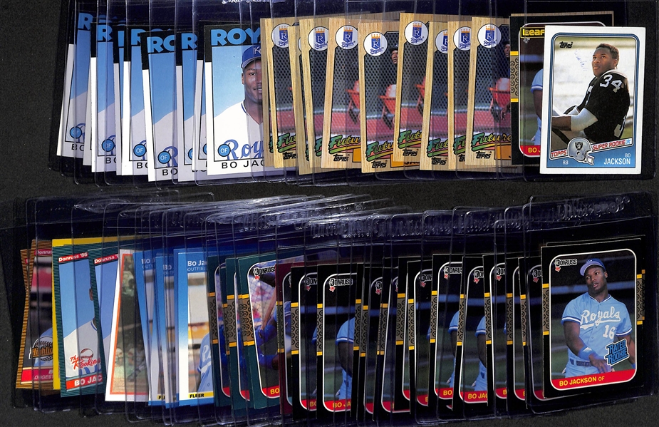 Lot of (57) Bo Jackson Rookie Cards inc. 1988 Topps Football, 1987 Leaf, (11) 1987 Topps Baseball, (9) 1986 Topps Traded, +
