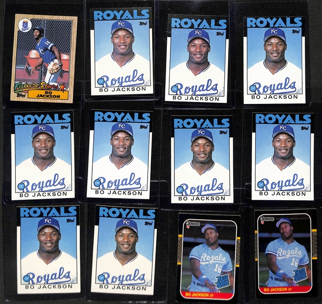 Lot of (57) Bo Jackson Rookie Cards inc. 1988 Topps Football, 1987 Leaf, (11) 1987 Topps Baseball, (9) 1986 Topps Traded, +