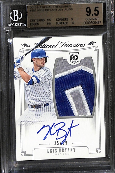 Lot of (2) Baseball Autograph Cards - 2015 National Treasures Kris Bryant Rookie Patch (BGS 9.5) (#/99), 2000 Fleer Showcase Andruw Jones Fresh Ink