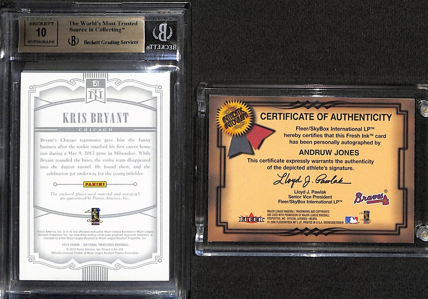Lot of (2) Baseball Autograph Cards - 2015 National Treasures Kris Bryant Rookie Patch (BGS 9.5) (#/99), 2000 Fleer Showcase Andruw Jones Fresh Ink