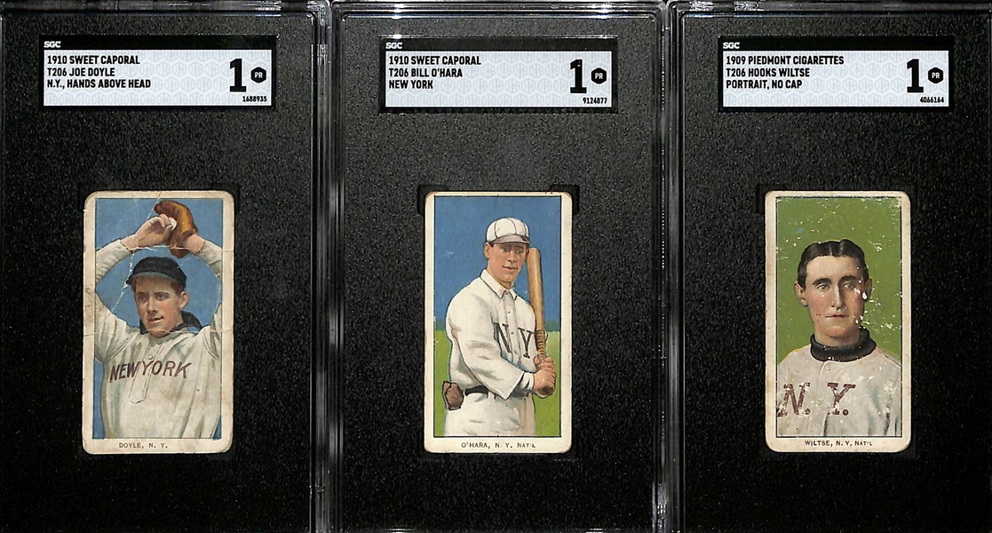 Lot of (3) T206 SGC Graded Baseball Cards w. Joe Doyle, Bill O'Hara, and Hooks Wiltse