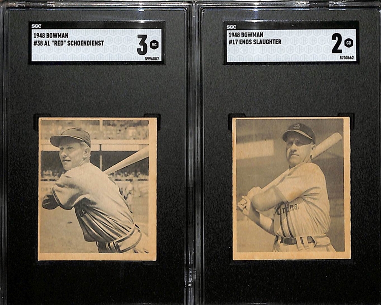 Lot of (2) SGC Graded 1948 Bowman Rookie Cards w. Al Red Schoendienst (HOF) and Enos Slaughter (HOF)
