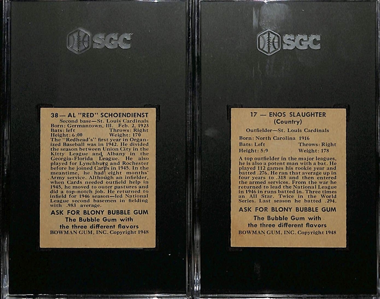 Lot of (2) SGC Graded 1948 Bowman Rookie Cards w. Al Red Schoendienst (HOF) and Enos Slaughter (HOF)