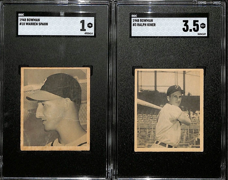Lot of (2) SGC Graded 1948 Bowman Rookie Cards w. Warren Spahn (HOF) and Ralph Kiner (HOF)