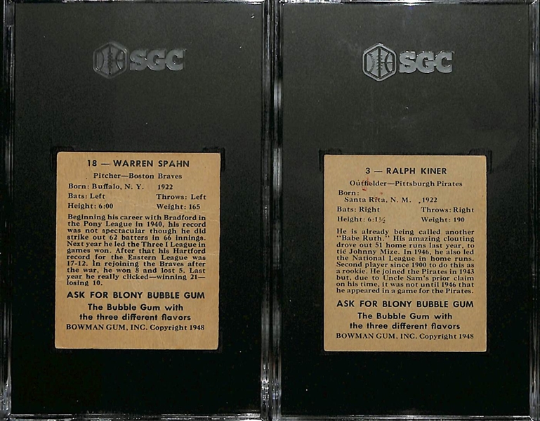 Lot of (2) SGC Graded 1948 Bowman Rookie Cards w. Warren Spahn (HOF) and Ralph Kiner (HOF)