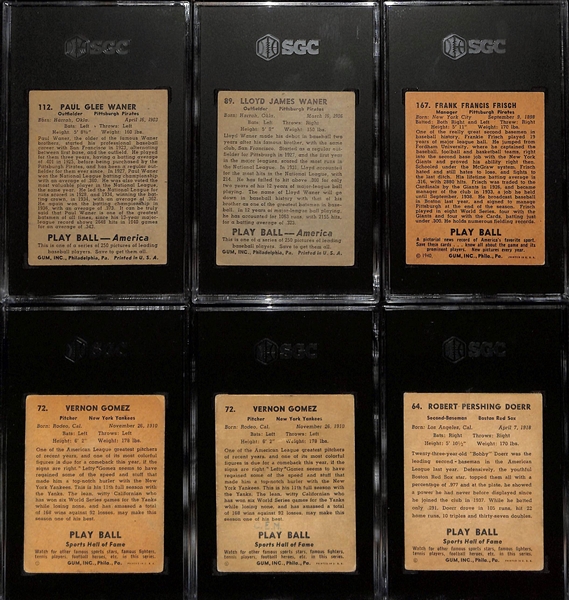 Lot of (6) Vintage SGC Graded Playball Baseball Cards w. Waner, Frisch, Gomez, Doerr