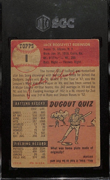 1953 Topps Jackie Robinson #1 Graded SGC 2 (Great Eye Appeal!)
