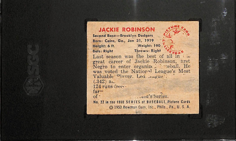 1950 Bowman Jackie Robinson #22 Graded SGC 1 (Paper Residue/Loss on Back)
