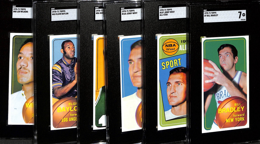 1970-71 Topps Basketball Lot - Bradley #7 (SGC 7), West All-Star #107 (SGC 6.5), West #160 (SGC 4), Nelson #86 (SGC 6.5), Baylor #65 (SGC 6), Wilkens #80 (SGC 6)