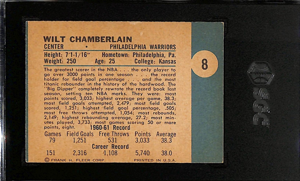 1961-62 Fleer Wilt Chamberlain Rookie Card #8 Graded SGC 2 (High Quality Surface/Corners)