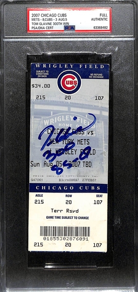 2007 Tom Glavine Signed 300th Win Full Ticket (8/5/2007) w. Inscription - PSA/DNA Slabbed
