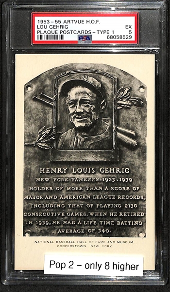 1953-1955 Artvue Lou Gehrig HOF Plaque Postcards  (Type 1) Graded  PSA 5