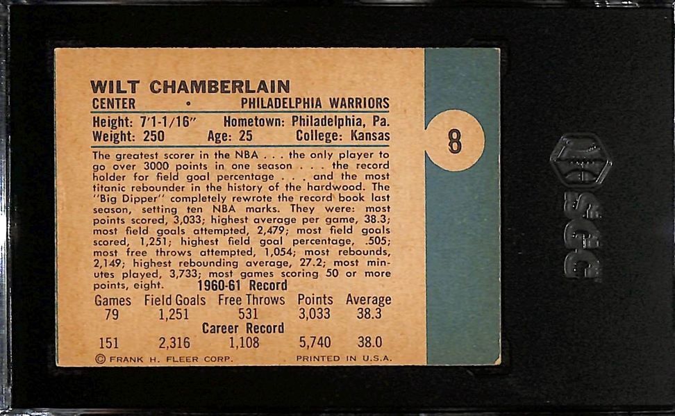 1961-62 Fleer Wilt Chamberlain Rookie Card #8 Graded SGC 2 (High Quality Surface/Corners)
