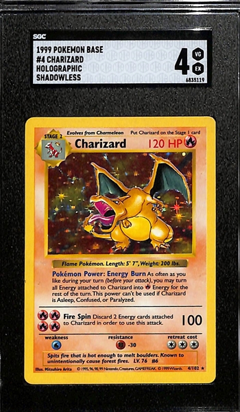 1999 Pokemon Base Set Shadowless Charizard Holographic Graded SGC 4
