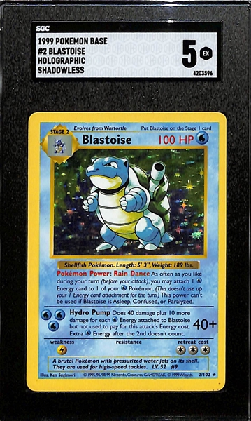 1999 Pokemon Base Set Shadowless Blastoise Holographic Graded SGC 5