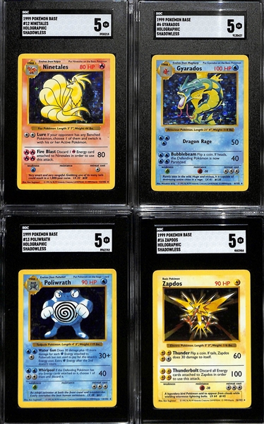 Lot of (4) SGC Graded 1999 Pokemon Base Set Shadowless Holographic Cards- Ninetails, Gyarados, Poliwrath, Zapdos