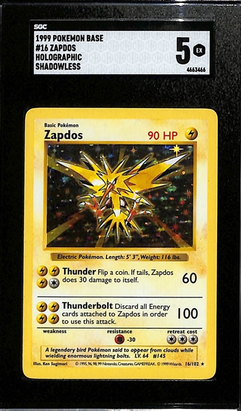 Lot of (4) SGC Graded 1999 Pokemon Base Set Shadowless Holographic Cards- Ninetails, Gyarados, Poliwrath, Zapdos