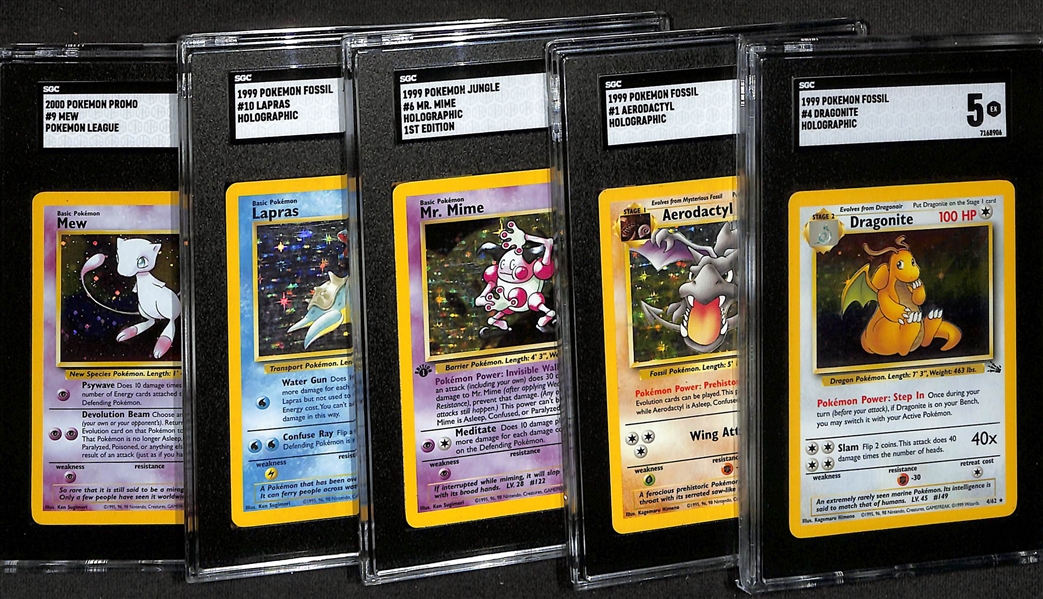 Lot of (5) SGC Graded 1999 + 2000 Pokemon Holographic Cards inc. 1999 Fossil Dragonite (SGC 5), Fossil Aerodactyl (SGC 4), Jungle 1st Edition Mr Mine (SGC 5), +