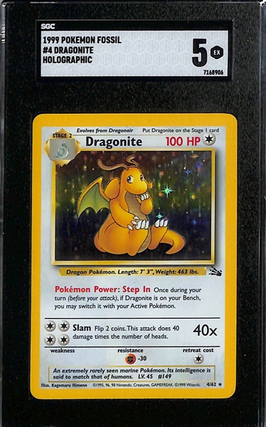 Lot of (5) SGC Graded 1999 + 2000 Pokemon Holographic Cards inc. 1999 Fossil Dragonite (SGC 5), Fossil Aerodactyl (SGC 4), Jungle 1st Edition Mr Mine (SGC 5), +