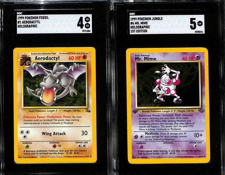 Lot of (5) SGC Graded 1999 + 2000 Pokemon Holographic Cards inc. 1999 Fossil Dragonite (SGC 5), Fossil Aerodactyl (SGC 4), Jungle 1st Edition Mr Mine (SGC 5), +