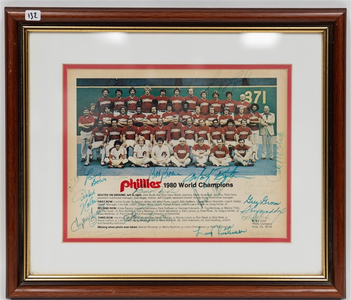 1980 Phillies World Series Champions Signed 11 x 9'Print within16 1/2 x 14 Frame w/ Pete Rose, Steve Carlton, Richie Ashburn, + (JSA Auction Letter)