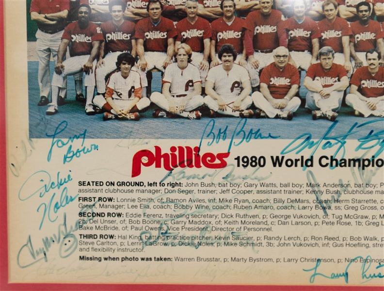 1980 Phillies World Series Champions Signed 11 x 9'Print within16 1/2 x 14 Frame w/ Pete Rose, Steve Carlton, Richie Ashburn, + (JSA Auction Letter)