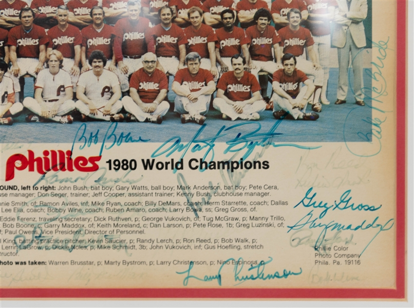 1980 Phillies World Series Champions Signed 11 x 9'Print within16 1/2 x 14 Frame w/ Pete Rose, Steve Carlton, Richie Ashburn, + (JSA Auction Letter)