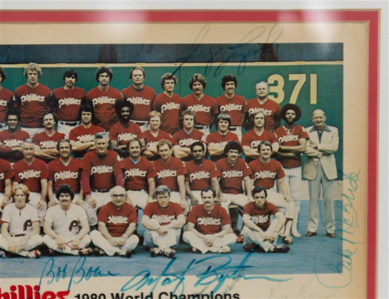 1980 Phillies World Series Champions Signed 11 x 9'Print within16 1/2 x 14 Frame w/ Pete Rose, Steve Carlton, Richie Ashburn, + (JSA Auction Letter)