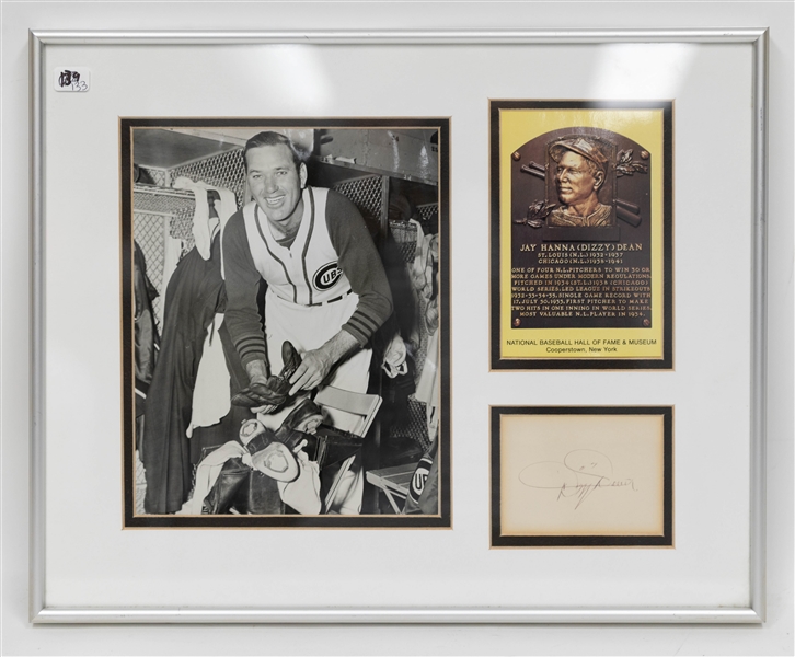 Dizzy Dean Cut Signature w/ 7 x 9'Photo + Hall of Fame Postcard within 15 1/2x 12 1/2 Frame (JSA Auction Letter)