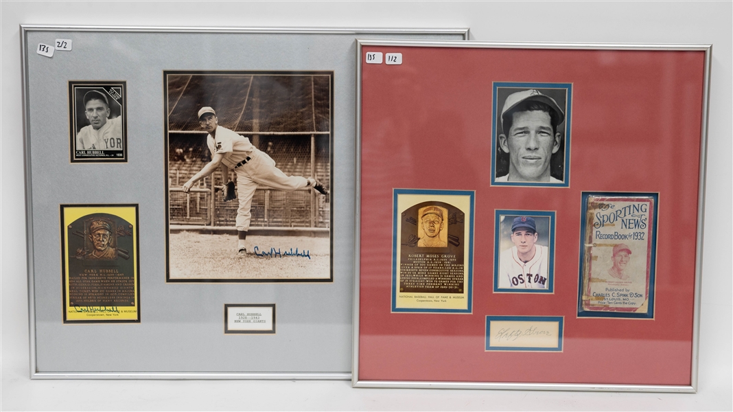 Lot of (2) Hall of Fame Autograph Framed Displays - Carl Hubbell Signed Hall of Fame Postcard + (2) Photos w. (2) Trading Cards within 20 1/2 x 16 1/2 Frame, Lefty Grove Cut Autograph w/ Photo,...