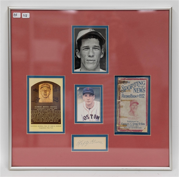 Lot of (2) Hall of Fame Autograph Framed Displays - Carl Hubbell Signed Hall of Fame Postcard + (2) Photos w. (2) Trading Cards within 20 1/2 x 16 1/2 Frame, Lefty Grove Cut Autograph w/ Photo,...