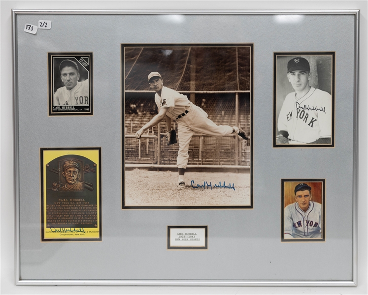 Lot of (2) Hall of Fame Autograph Framed Displays - Carl Hubbell Signed Hall of Fame Postcard + (2) Photos w. (2) Trading Cards within 20 1/2 x 16 1/2 Frame, Lefty Grove Cut Autograph w/ Photo,...
