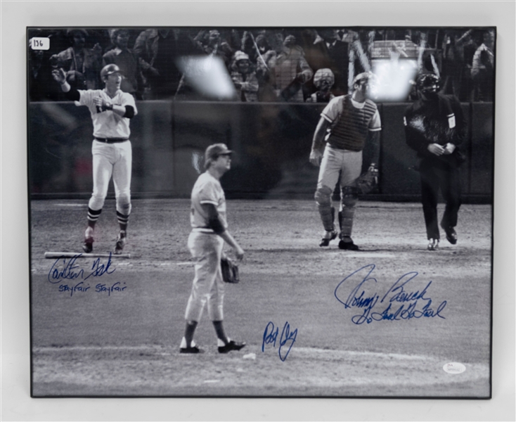 Carlton Fisk, Johnny Bench, Pat Darcy Signed 20 x 16 Photo w. Stay Fair Stay Fair Inscription (JSA COA)