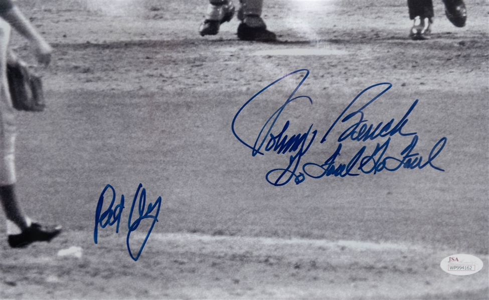 Carlton Fisk, Johnny Bench, Pat Darcy Signed 20 x 16 Photo w. Stay Fair Stay Fair Inscription (JSA COA)