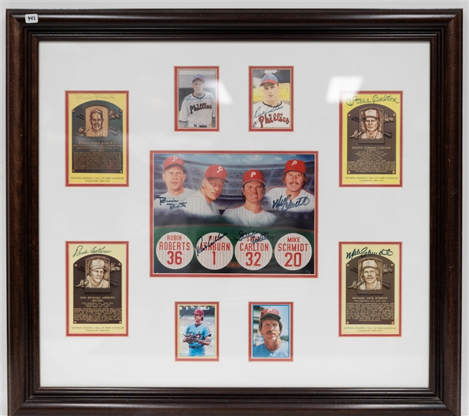 Phillies HOF 28 x 25 Display w Photo, (4) HOF Postcards, (4) Cards of Robin Roberts, Mike Schmidt, Steve Carlton, Richie Ashburn (JSA Auction Letter)