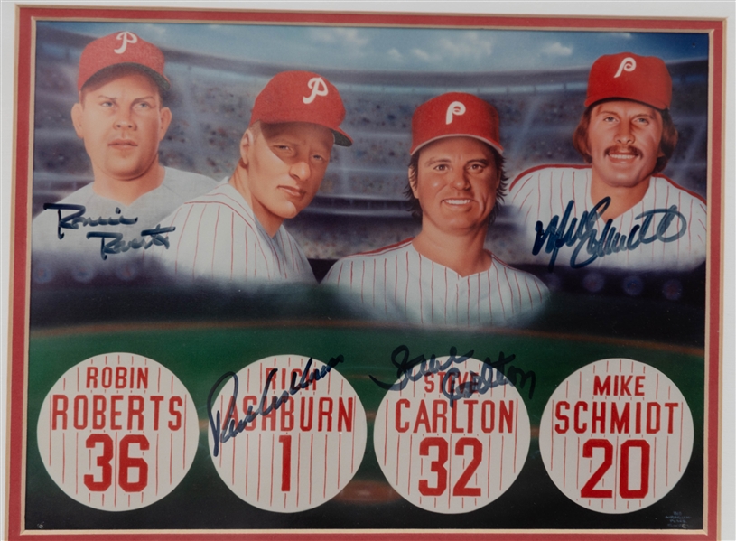 Phillies HOF 28 x 25 Display w Photo, (4) HOF Postcards, (4) Cards of Robin Roberts, Mike Schmidt, Steve Carlton, Richie Ashburn (JSA Auction Letter)