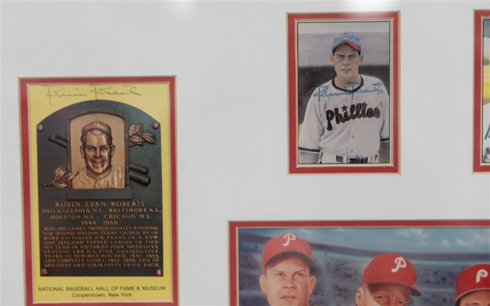 Phillies HOF 28 x 25 Display w Photo, (4) HOF Postcards, (4) Cards of Robin Roberts, Mike Schmidt, Steve Carlton, Richie Ashburn (JSA Auction Letter)