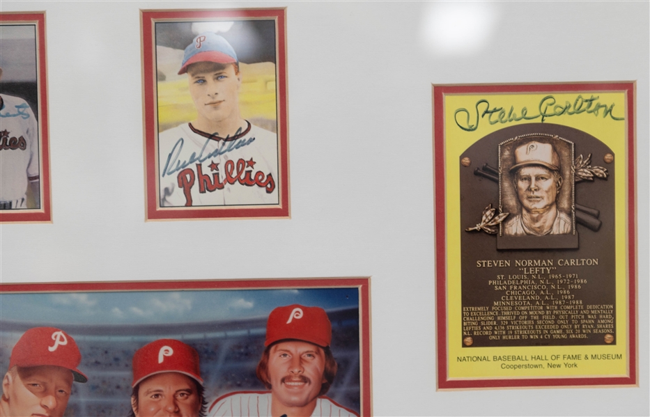 Phillies HOF 28 x 25 Display w Photo, (4) HOF Postcards, (4) Cards of Robin Roberts, Mike Schmidt, Steve Carlton, Richie Ashburn (JSA Auction Letter)