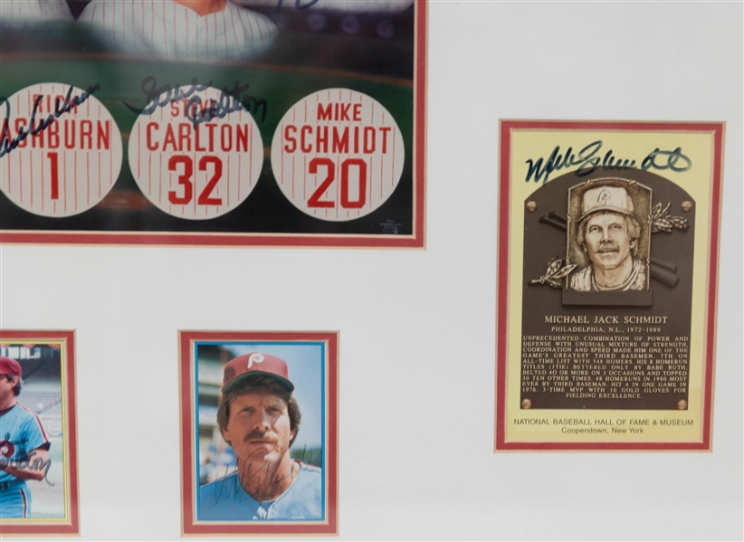 Phillies HOF 28 x 25 Display w Photo, (4) HOF Postcards, (4) Cards of Robin Roberts, Mike Schmidt, Steve Carlton, Richie Ashburn (JSA Auction Letter)