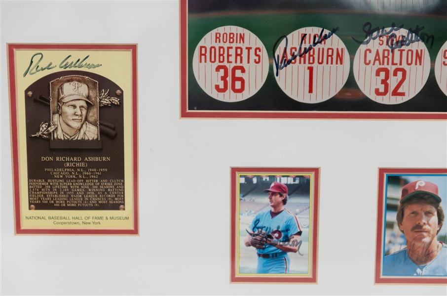 Phillies HOF 28 x 25 Display w Photo, (4) HOF Postcards, (4) Cards of Robin Roberts, Mike Schmidt, Steve Carlton, Richie Ashburn (JSA Auction Letter)