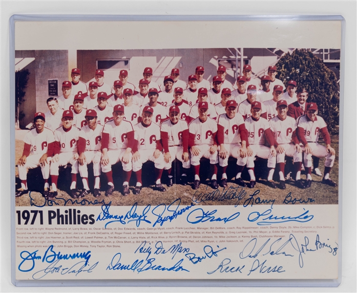 Lot of (5) Signed 1950s-70s Phillies Team Photos w/ (2) Robin Roberts, Sparky Anderson, + (JSA Auction Letter)