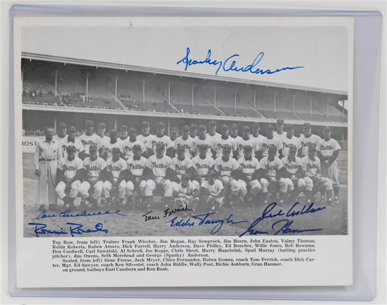 Lot of (5) Signed 1950s-70s Phillies Team Photos w/ (2) Robin Roberts, Sparky Anderson, + (JSA Auction Letter)