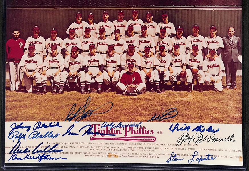 Lot of (6) 1940s-50s Signed Phillies Team Photos w/ (4) Robin Roberts, (5) Richie Ashburn, Dick Sisler, + (JSA Auction Letter)