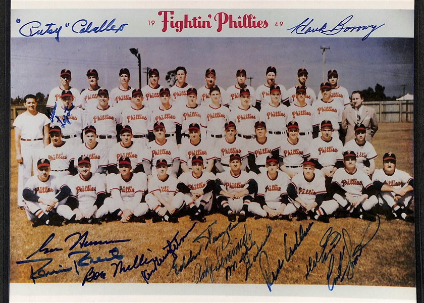 Lot of (6) 1940s-50s Signed Phillies Team Photos w/ (4) Robin Roberts, (5) Richie Ashburn, Dick Sisler, + (JSA Auction Letter)