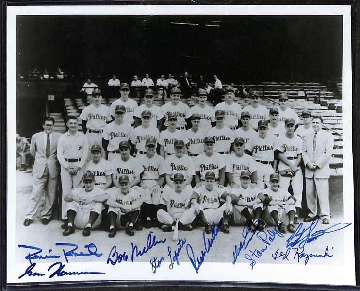 Lot of (6) 1940s-50s Signed Phillies Team Photos w/ (4) Robin Roberts, (5) Richie Ashburn, Dick Sisler, + (JSA Auction Letter)