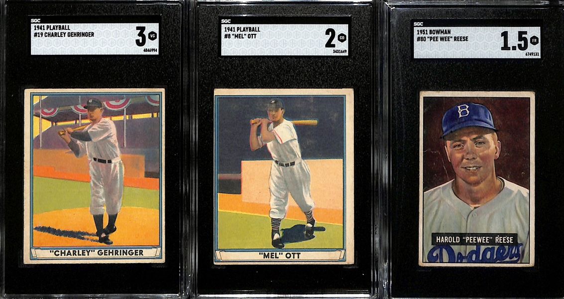 Graded Card Lot - 1941 Playball Charley Gehringer (SGC 3), 1941 Playball Mel Ott (SGC 2), 1951 Bowman Pee Wee Reese (SGC 1.5)