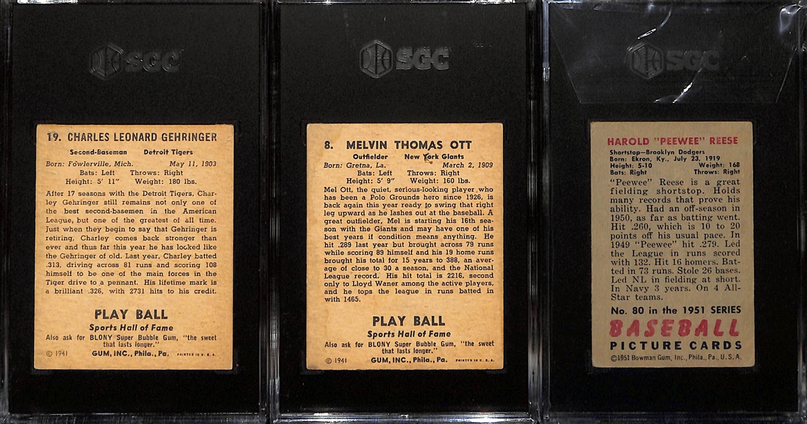 Graded Card Lot - 1941 Playball Charley Gehringer (SGC 3), 1941 Playball Mel Ott (SGC 2), 1951 Bowman Pee Wee Reese (SGC 1.5)