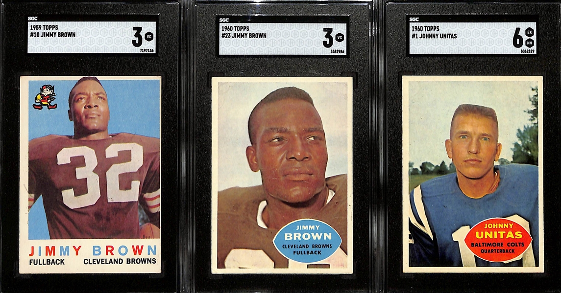 Topps Football Card Lot - 1959 Jim Brown (SGC 3), 1960 Jim Brown (SGC 3), 1960 Johnny Unitas (SGC 6)