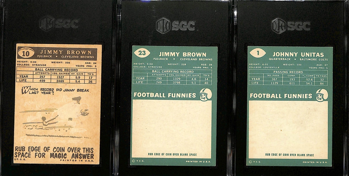 Topps Football Card Lot - 1959 Jim Brown (SGC 3), 1960 Jim Brown (SGC 3), 1960 Johnny Unitas (SGC 6)